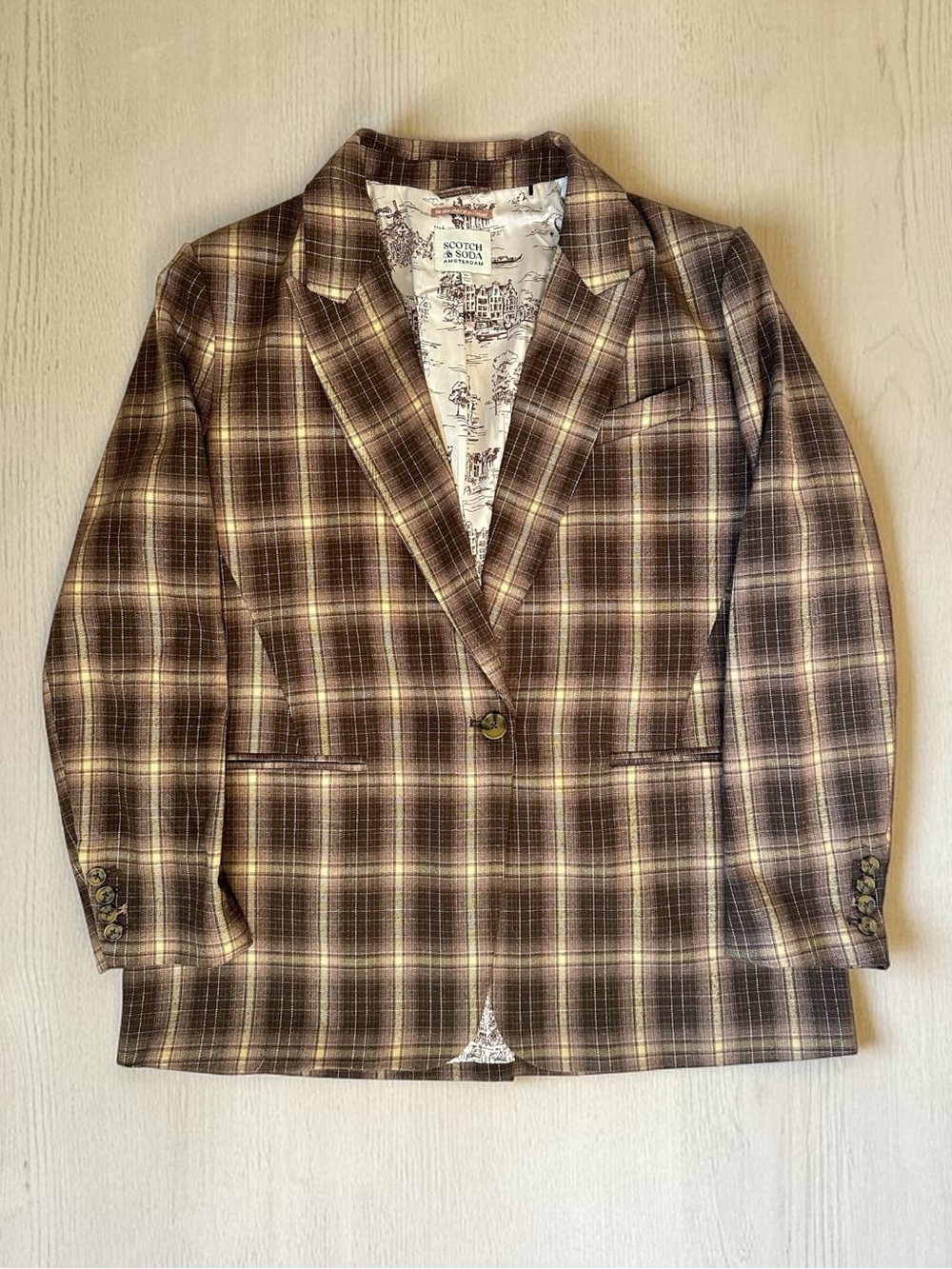 Scotch & Soda Woman Brown Plaid Blazer with Printed Lining Size XL